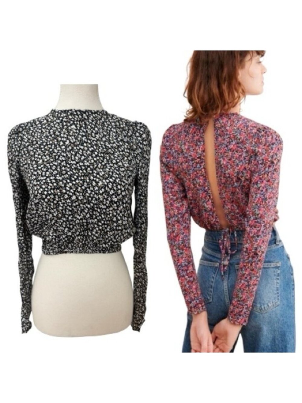 AFRM Ditsy Floral Print Open Back Crop Blouse Medium
